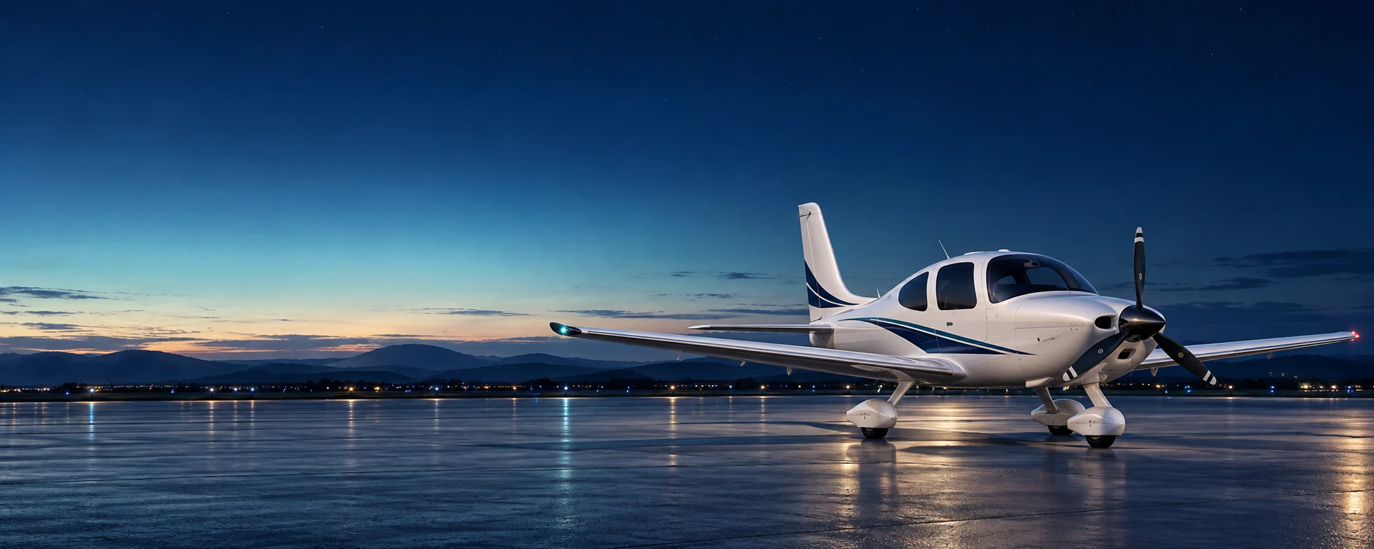 General aviation aircraft on an airport apron at dawn